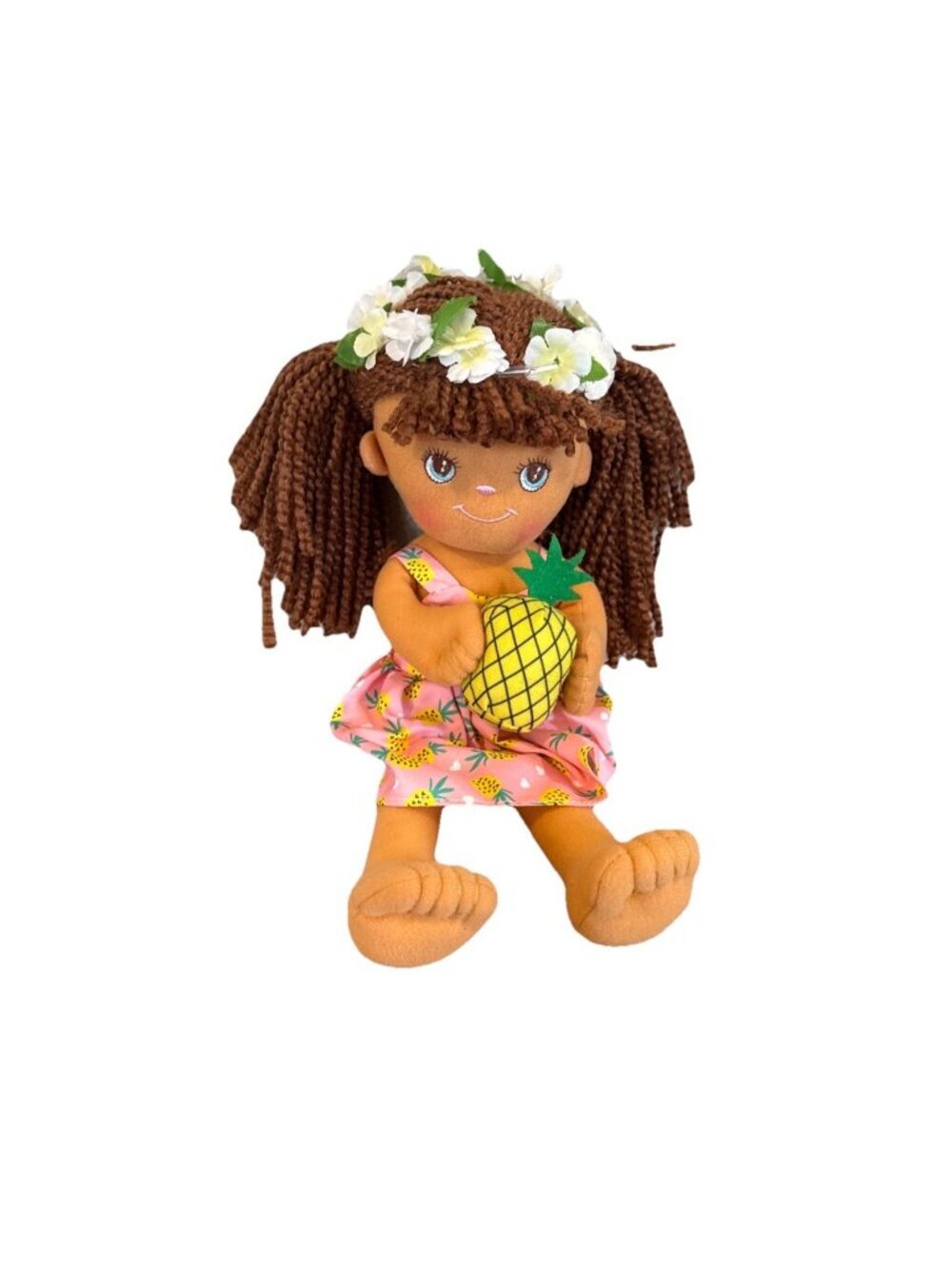 Aloha Hawaiian Girl Plush Doll w Pineapple - 14" Ragdoll Pink Dress